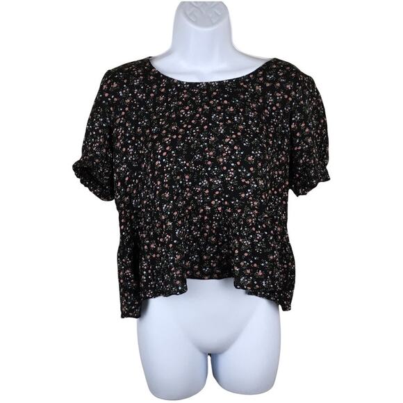 Hippie Rose Shirt Black‎ Ditsy Floral Print Short Puff Sleeve Junior's S Keyhole - Picture 1 of 9
